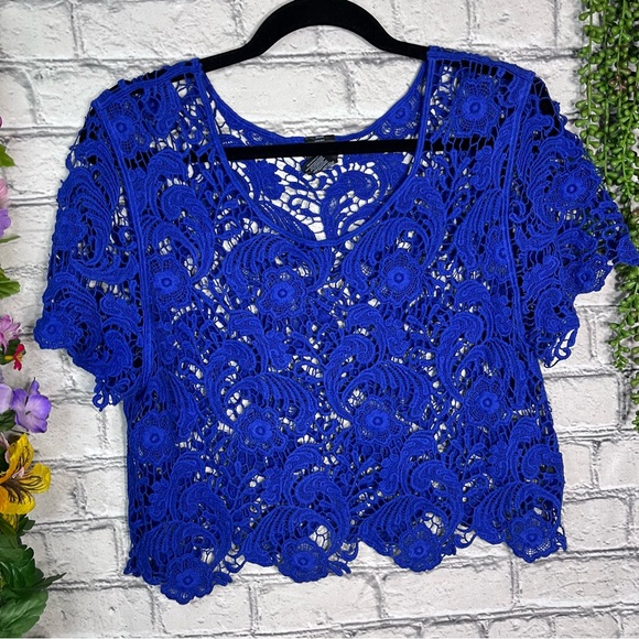 ^🌼3/$30🌼Express Royal Blue Crocheted Lace Short Sleeve Top Size Medium - Picture 4 of 14